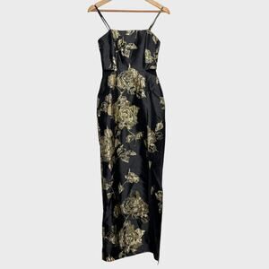 Lulus Charming Beauty XS Black Gold Floral Maxi Dress Wedding Guest V-Neck